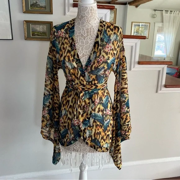 ASOS Chiffon Kimono Wide Sleeves Tie Front Animal Print NWT Sz 0 - Picture 2 of 8